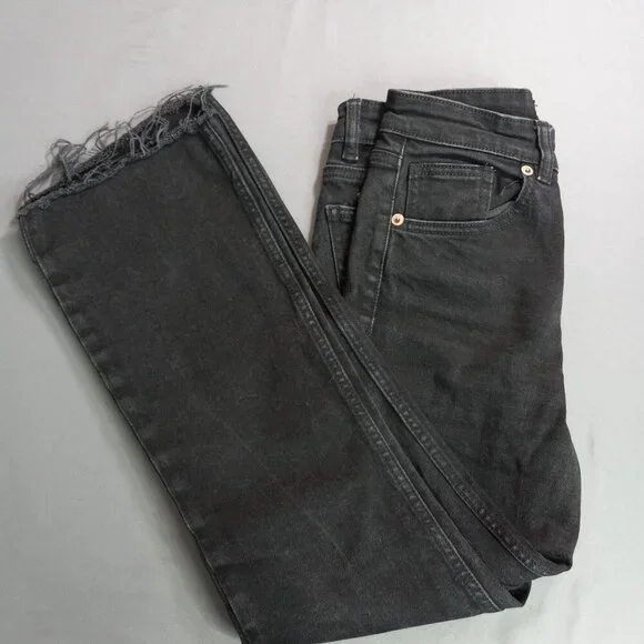 Zara Black High-Rise Frayed Hem Straight Leg Jeans, Size 6 - Picture 3 of 12